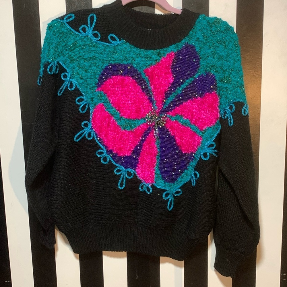 Vintage 80s 90s  Colorful Floral Women's Sweater Beaded Details Small/Medium - Picture 13 of 17
